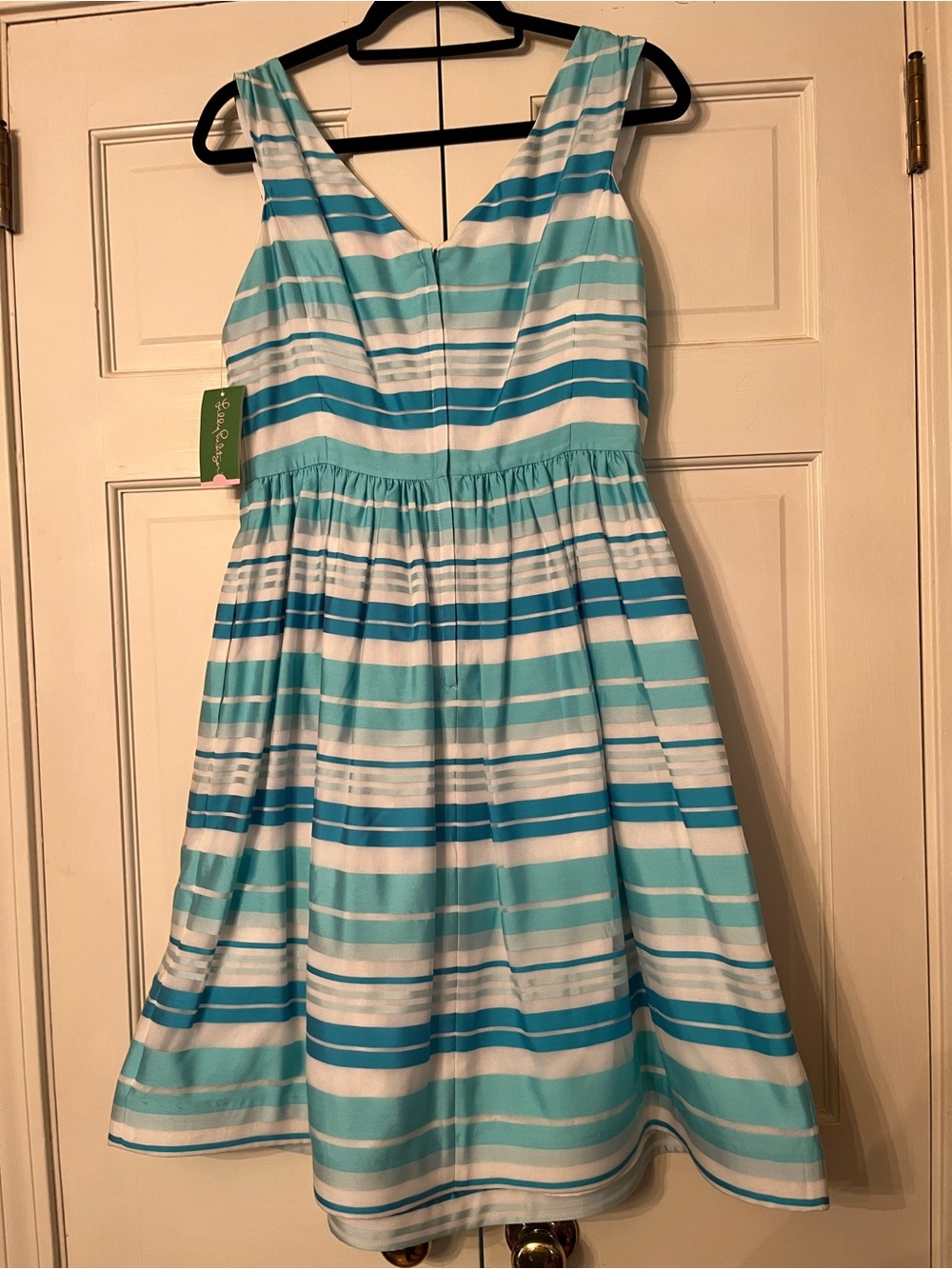 Lilly Pulitzer Aqua & White Striped Sleeveless Fit-and-Flare Dress - Picture 2 of 8